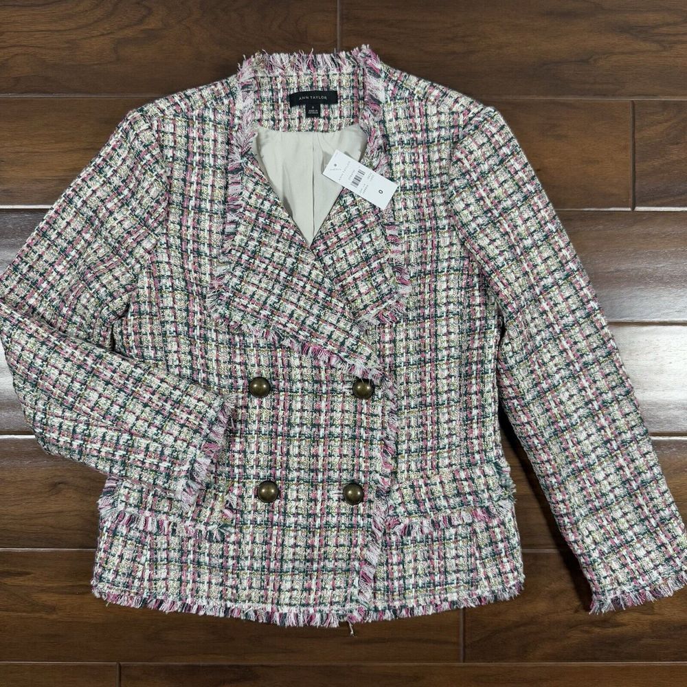 Ann Taylor Women's Size 0 Pink Green White Tweed Fringe Jacket Blazer